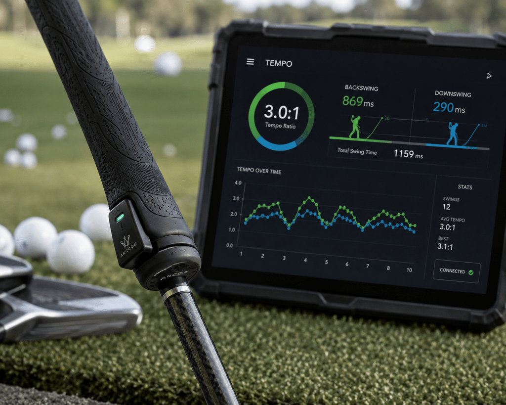 Cara Melatih Ayunan Golf agar Konsisten dan Tingkatkan Akurasi Pukulan 4 Sensor biomekanik pengukur rasio tempo backswing dan downswing pada stik golf.