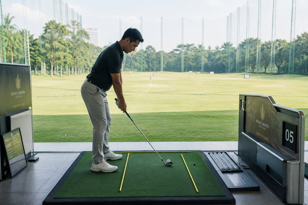 Cara Melatih Ayunan Golf agar Konsisten dan Tingkatkan Akurasi Pukulan 5 Latihan ayunan golf di driving range menggunakan alignment stick untuk menjaga konsistensi jalur stik.