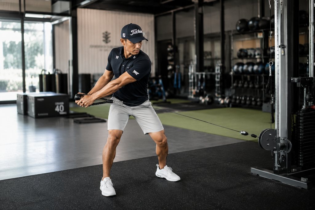 Cara Melatih Ayunan Golf agar Konsisten dan Tingkatkan Akurasi Pukulan 6 Latihan penguatan otot inti dan rotasi tubuh di gym untuk meningkatkan kecepatan ayunan golf dan mencegah cedera.