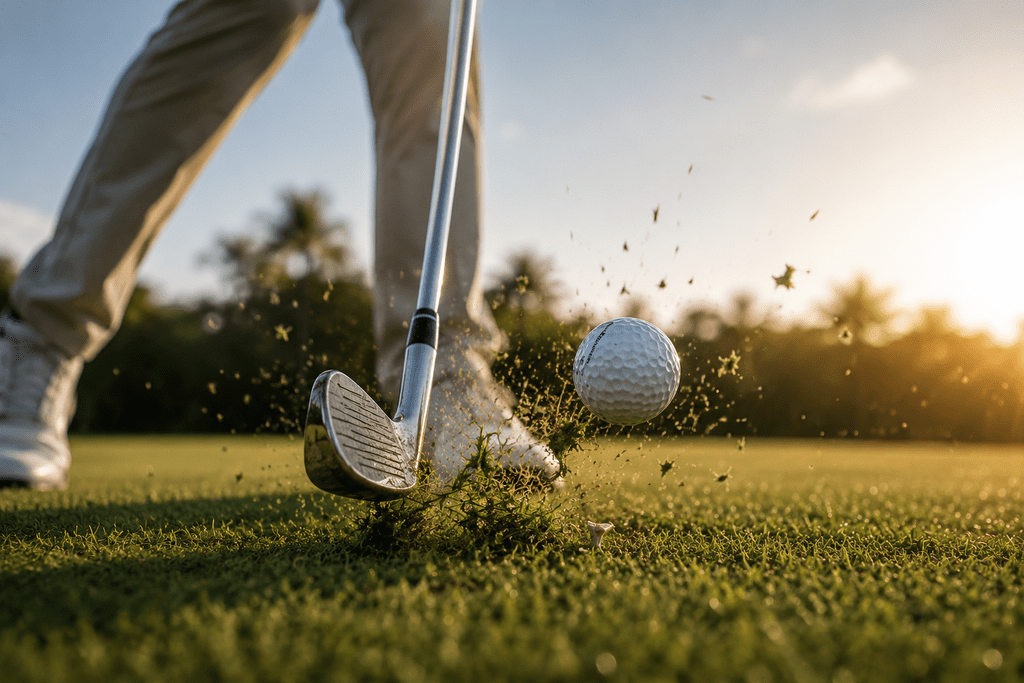 Cara Melatih Ayunan Golf agar Konsisten dan Tingkatkan Akurasi Pukulan 2 Momen kontak clubhead dengan bola golf menunjukkan transfer beban dan rotasi pinggul yang presisi.