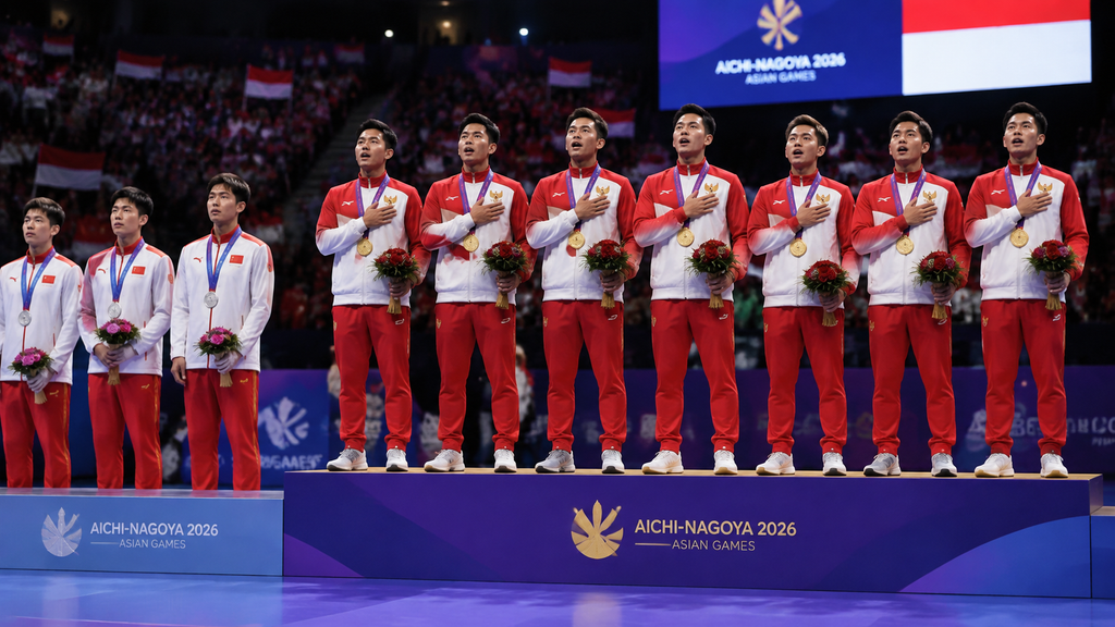Indonesia Akhiri Paceklik 28 Tahun, Beregu Putra Bulu Tangkis Juara Asian Games 2026 3 Skuad beregu putra bulu tangkis Indonesia berdiri di podium tertinggi menerima medali emas Asian Games 2026.