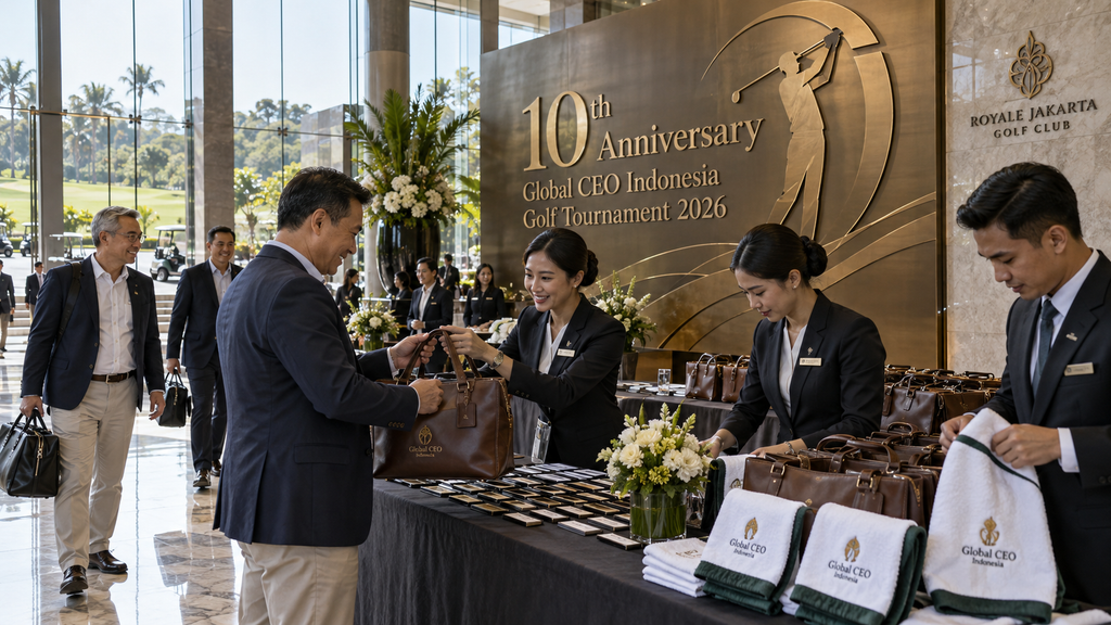 Global CEO Golf 10 Oktober Ternyata Diikuti 240 Peserta 2 Meja registrasi dan backdrop perayaan satu dekade turnamen Global CEO Golf di lobi klub Royale Jakarta.