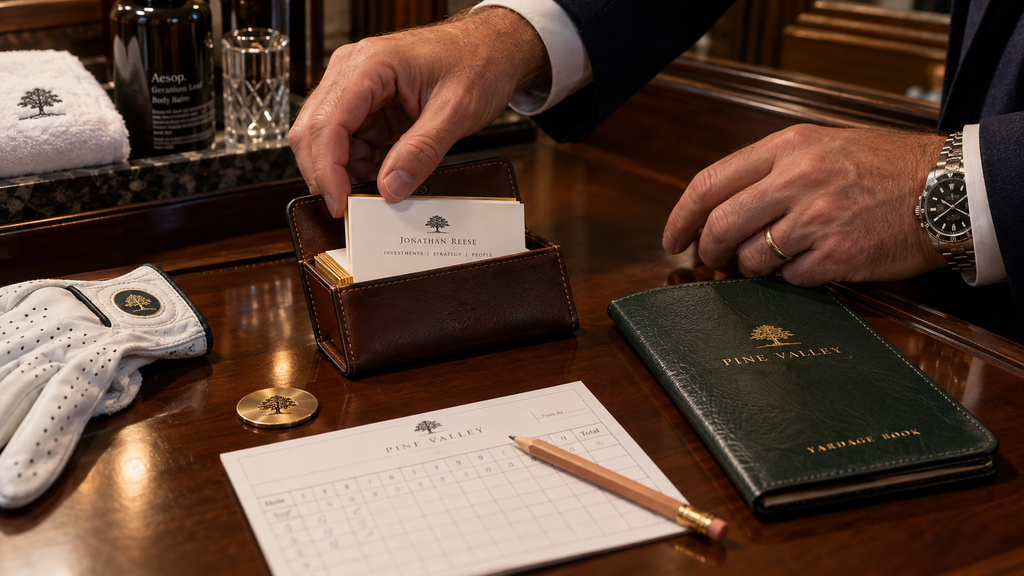 Global CEO Golf 10 Oktober Ternyata Diikuti 240 Peserta 11 Eksekutif mempersiapkan kartu nama bisnis dan buku panduan pukulan (yardage book) di meja ruang ganti klub golf.