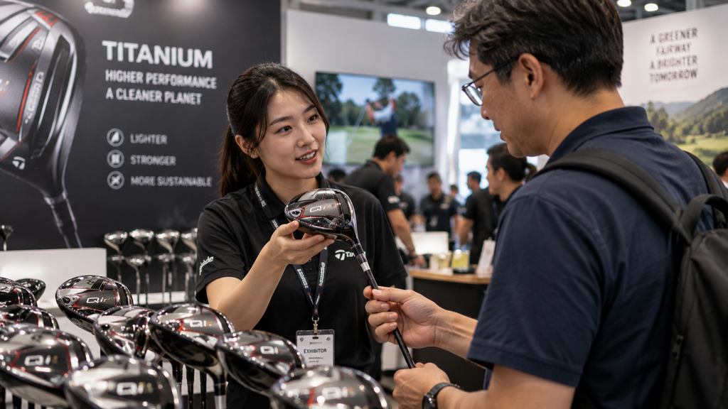 Indonesia Golf Festival 2026 Dibuka di ICE BSD, 120 Lebih Exhibitor 4 Pramuniaga menjelaskan spesifikasi stik golf kepada pelanggan di booth pameran IGF 2026.