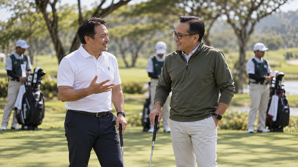 Global CEO Golf 10 Oktober Ternyata Diikuti 240 Peserta 3 Pemimpin perusahaan berbincang mengenai peluang kemitraan bisnis di sela permainan golf di tepi lapangan.