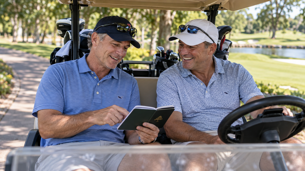 Global CEO Golf 10 Oktober Ternyata Diikuti 240 Peserta 8 Dua eksekutif senior berbincang santai di dalam kereta golf (golf cart) saat berpindah antar-hole di lapangan hijau.