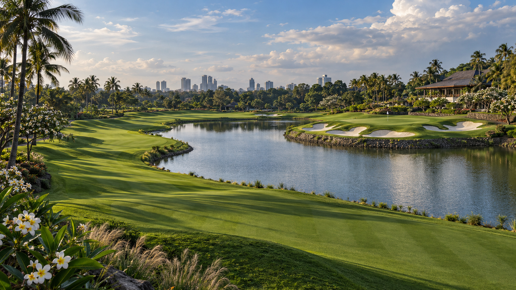 Global CEO Golf 10 Oktober Ternyata Diikuti 240 Peserta 9 Pemandangan panorama lanskap lapangan golf 27 hole Royale Jakarta Golf Club dengan hamparan rumput Paspalum dan danau buatan.